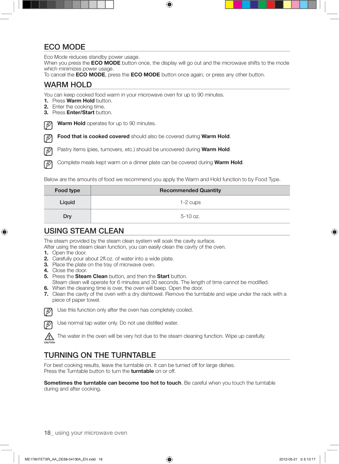 Samsung ME179KFETSR user manual ECO Mode, Warm Hold, Using Steam Clean, Turning on the Turntable 