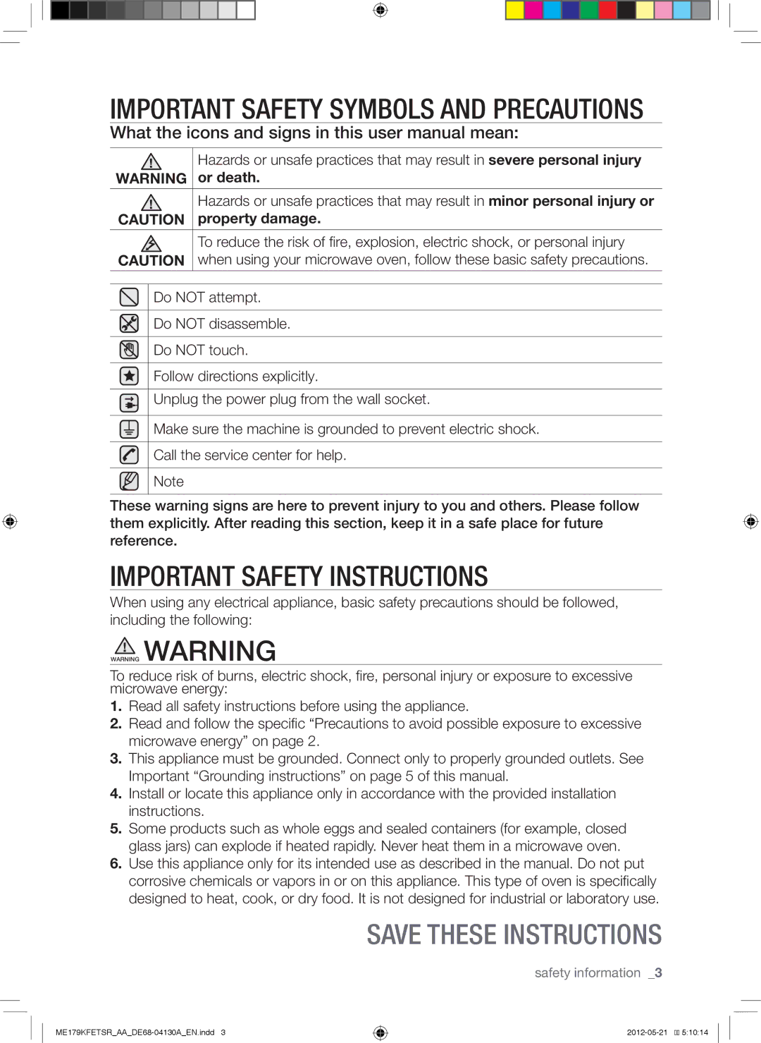 Samsung ME179KFETSR user manual Important Safety Instructions 