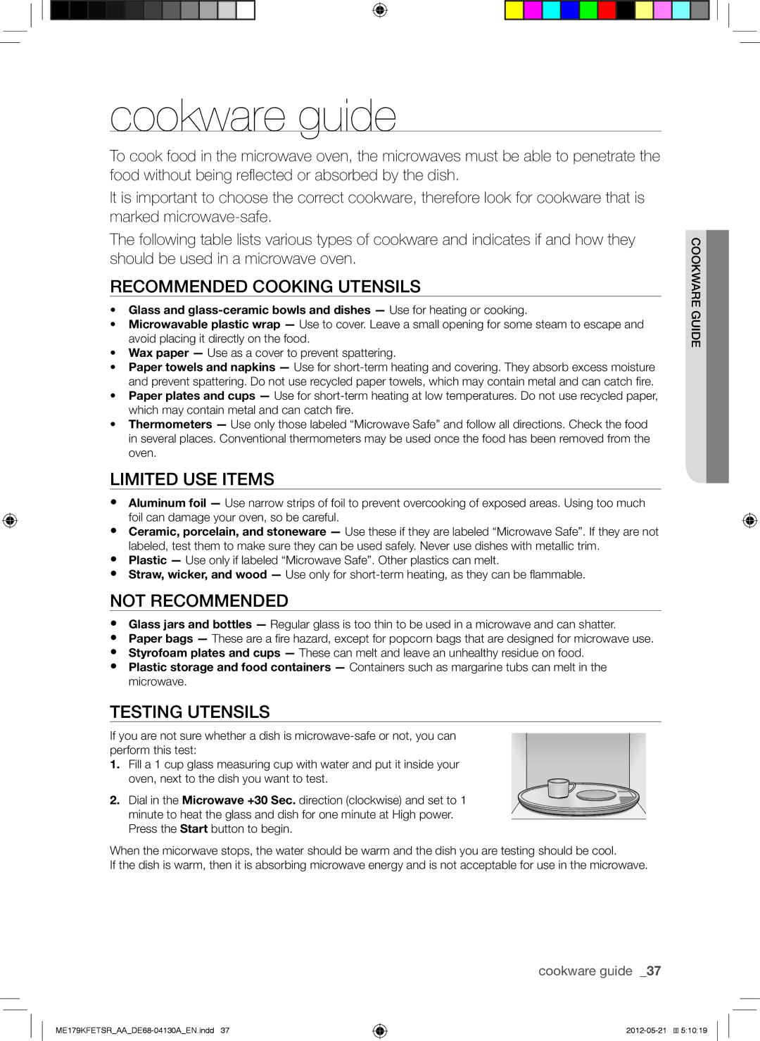 Samsung ME179KFETSR Cookware guide, Recommended Cooking Utensils, Limited USE Items, Not Recommended, Testing Utensils 