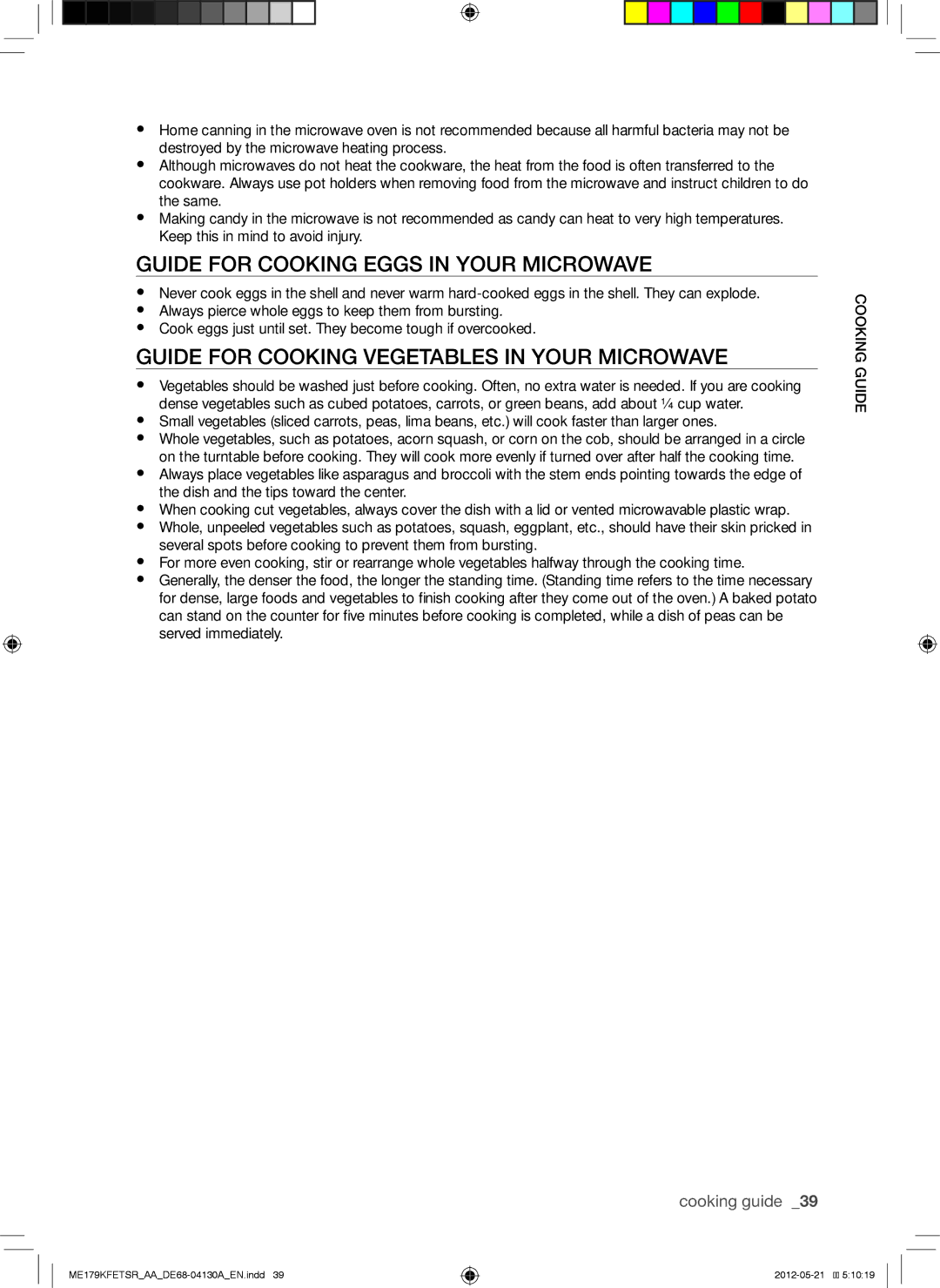 Samsung ME179KFETSR user manual Guide for Cooking Eggs in Your Microwave, Guide for Cooking Vegetables in Your Microwave 