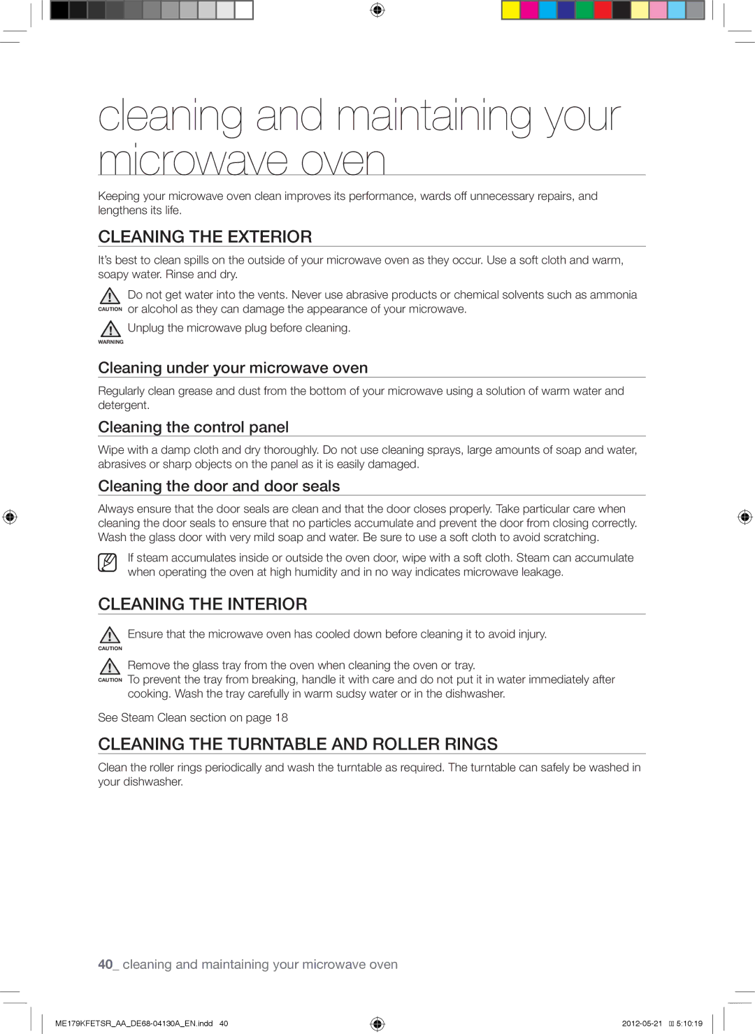 Samsung ME179KFETSR user manual Cleaning and maintaining your microwave oven, Cleaning the Exterior, Cleaning the Interior 