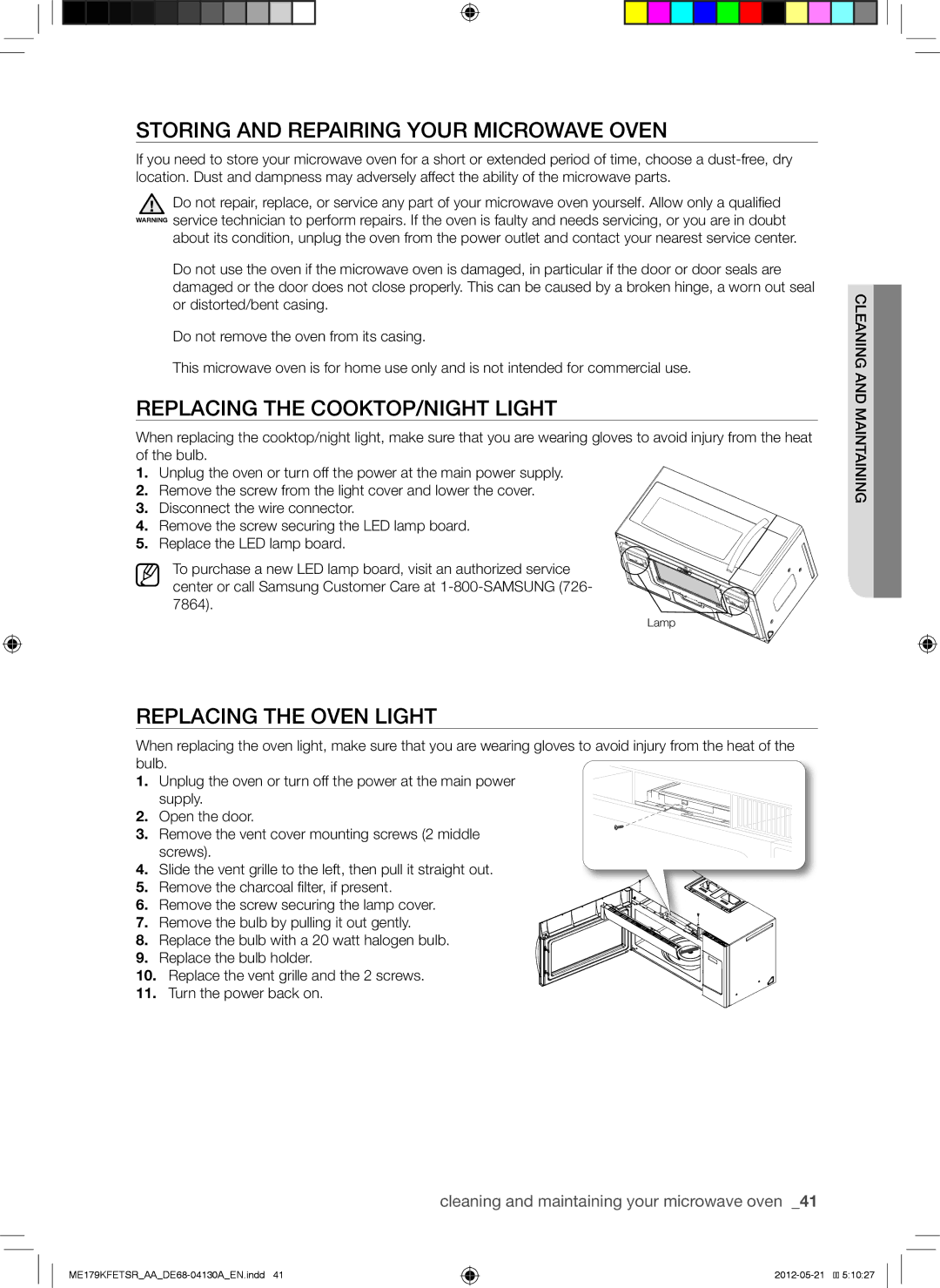 Samsung ME179KFETSR Storing and Repairing Your Microwave Oven, Replacing the COOKTOP/NIGHT Light, Replacing the Oven Light 