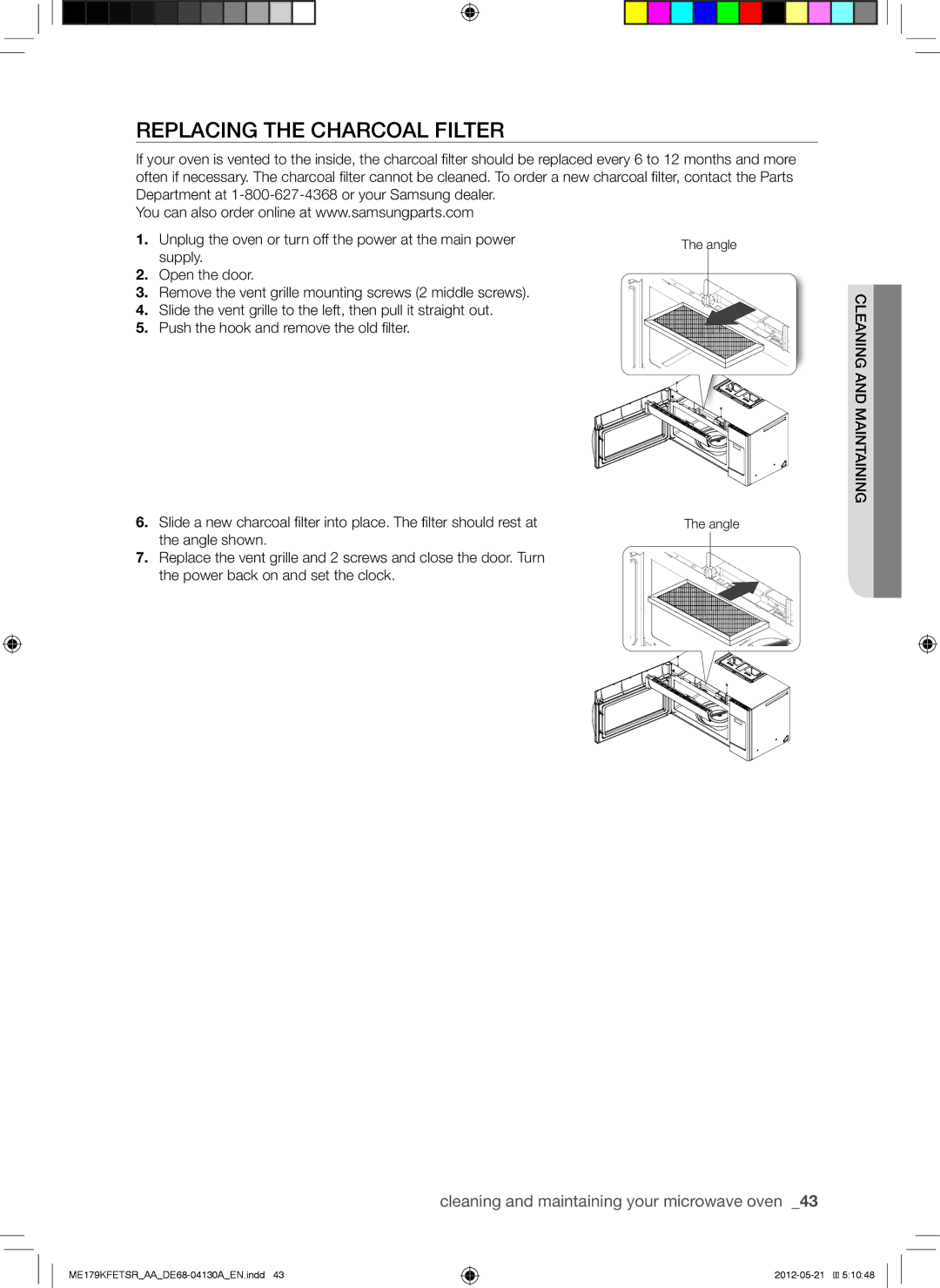 Samsung ME179KFETSR user manual Replacing the Charcoal Filter 