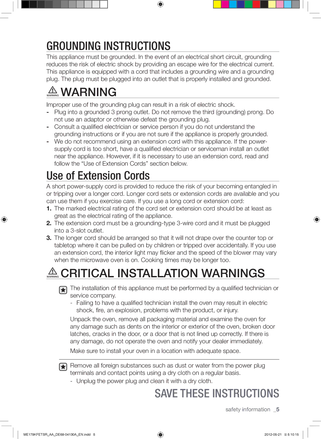 Samsung ME179KFETSR user manual Grounding Instructions 