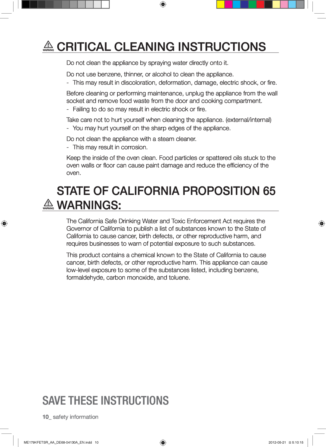 Samsung ME179KFETSR user manual Warning Critical Cleaning Instructions, STATE OF CALIFORNIA PROPOSITION 65 WARNING WARNINGS 