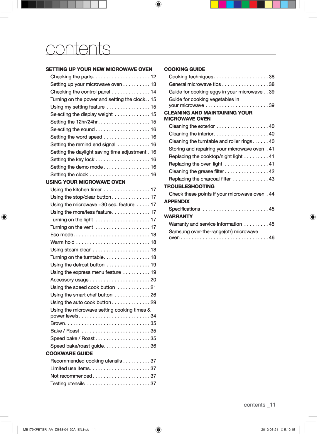 Samsung ME179KFETSR user manual contents 