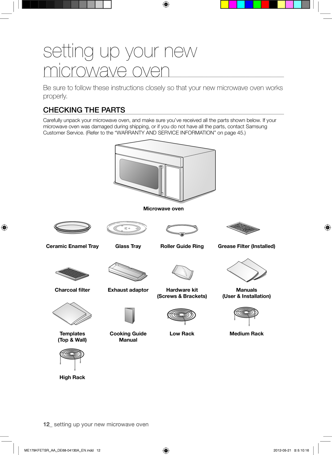 Samsung ME179KFETSR user manual Checking The Parts, setting up your new microwave oven 
