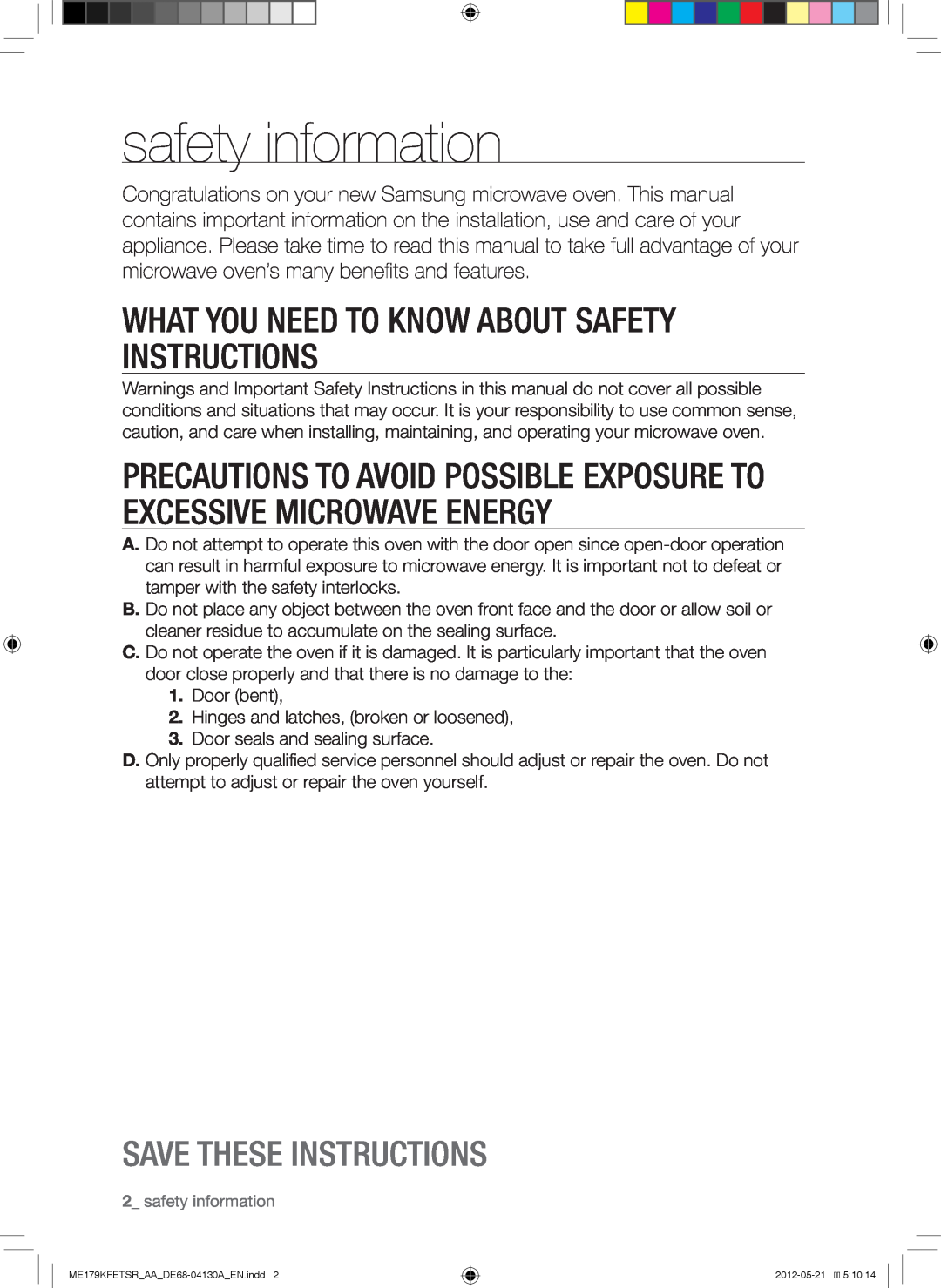 Samsung ME179KFETSR safety information, What You Need To Know About Safety Instructions, Save These Instructions 