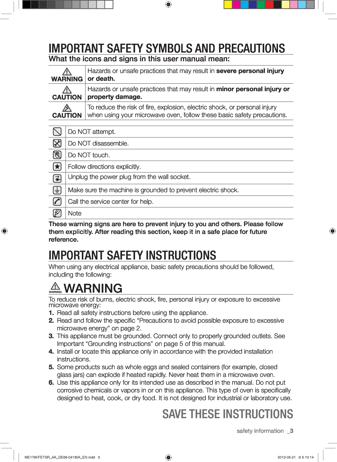 Samsung ME179KFETSR Important Safety Instructions, Save These Instructions, Important Safety Symbols And Precautions 