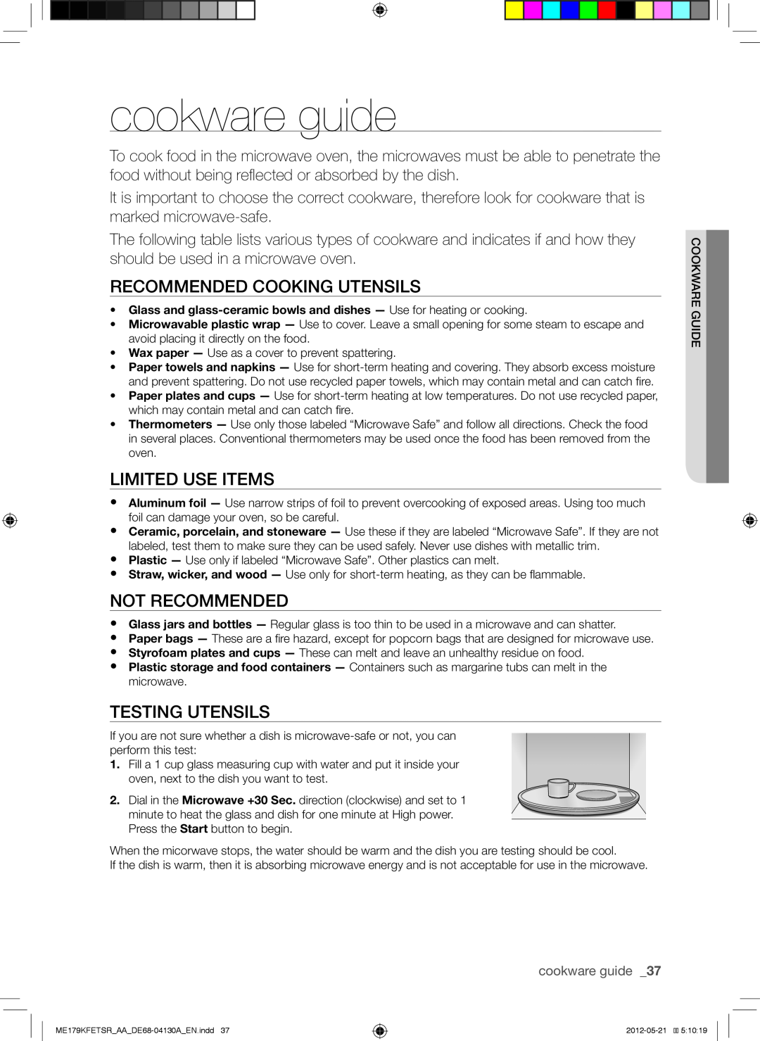 Samsung ME179KFETSR cookware guide, Recommended Cooking Utensils, Limited Use Items, Not Recommended, Testing Utensils 