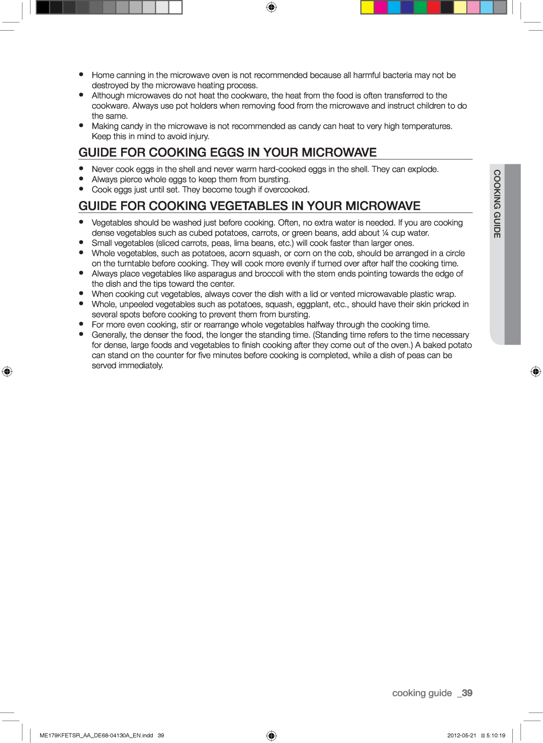 Samsung ME179KFETSR user manual Guide For Cooking Eggs In Your Microwave, Guide For Cooking Vegetables In Your Microwave 
