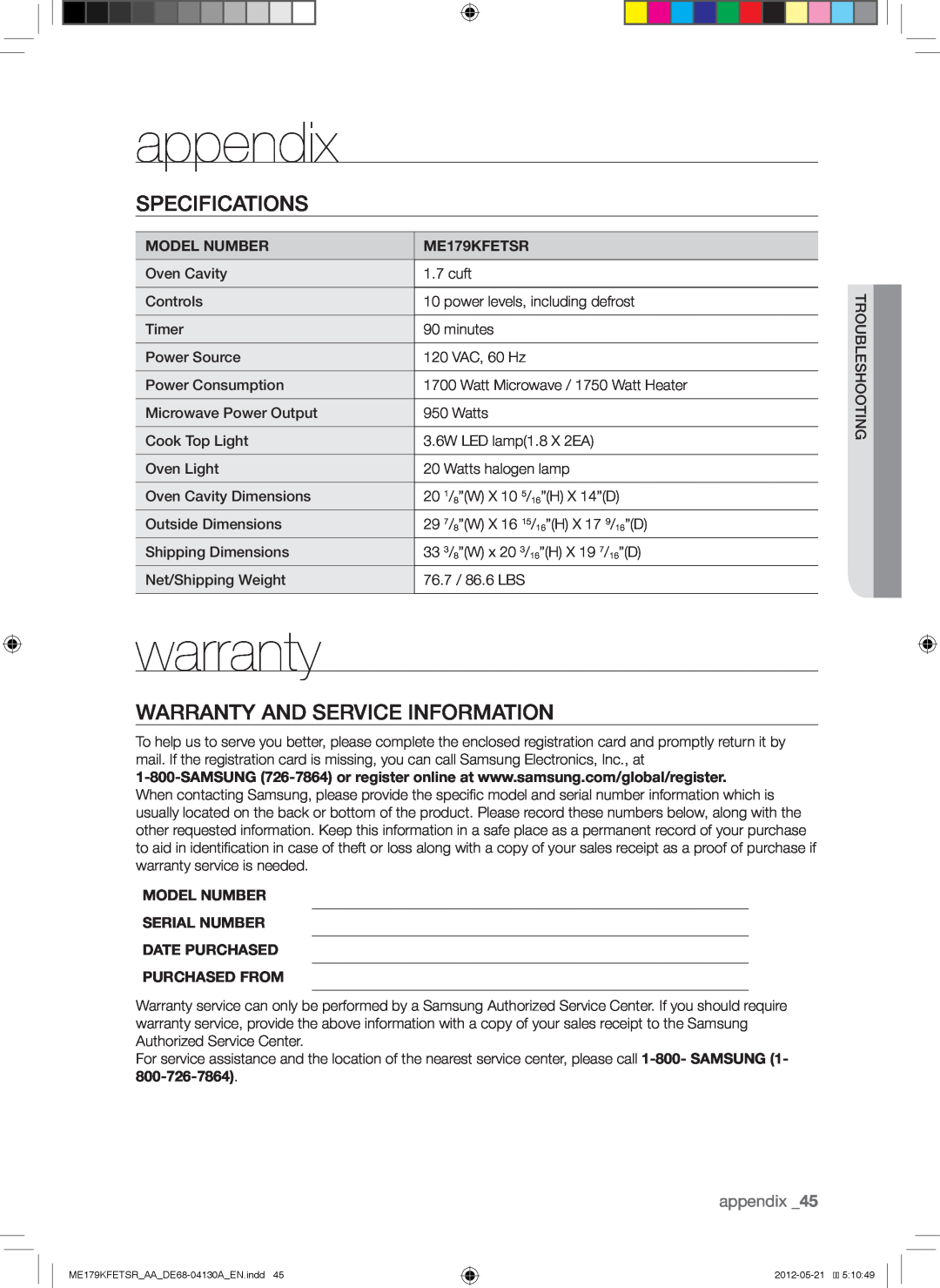 Samsung ME179KFETSR user manual appendix, warranty, Specifications, Warranty And Service Information 