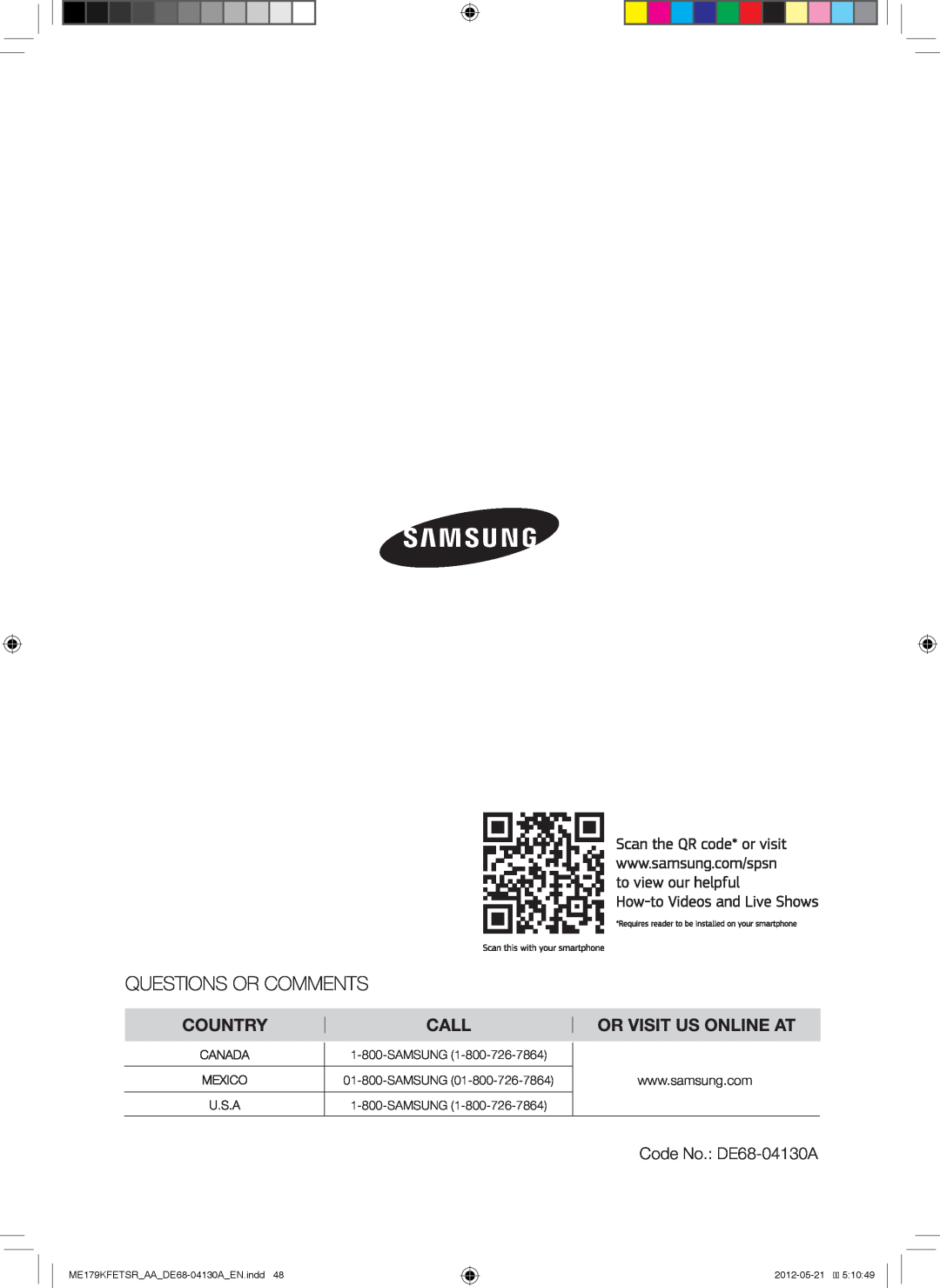 Samsung Code No. DE68-04130A, SAMSUNG 01-800-SAMSUNG 1-800-SAMSUNG, ME179KFETSR AA DE68-04130A EN.indd, 2012-05-21 5 10 