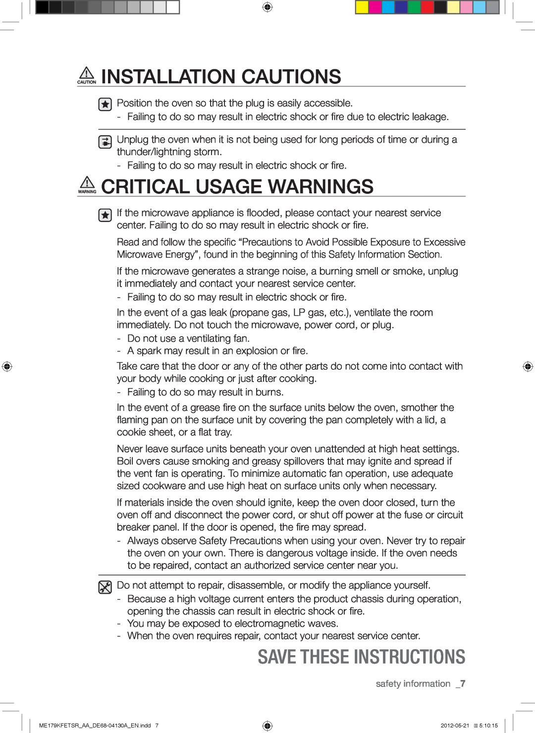 Samsung ME179KFETSR user manual Caution Installation Cautions, Warning Critical Usage Warnings, Save These Instructions 