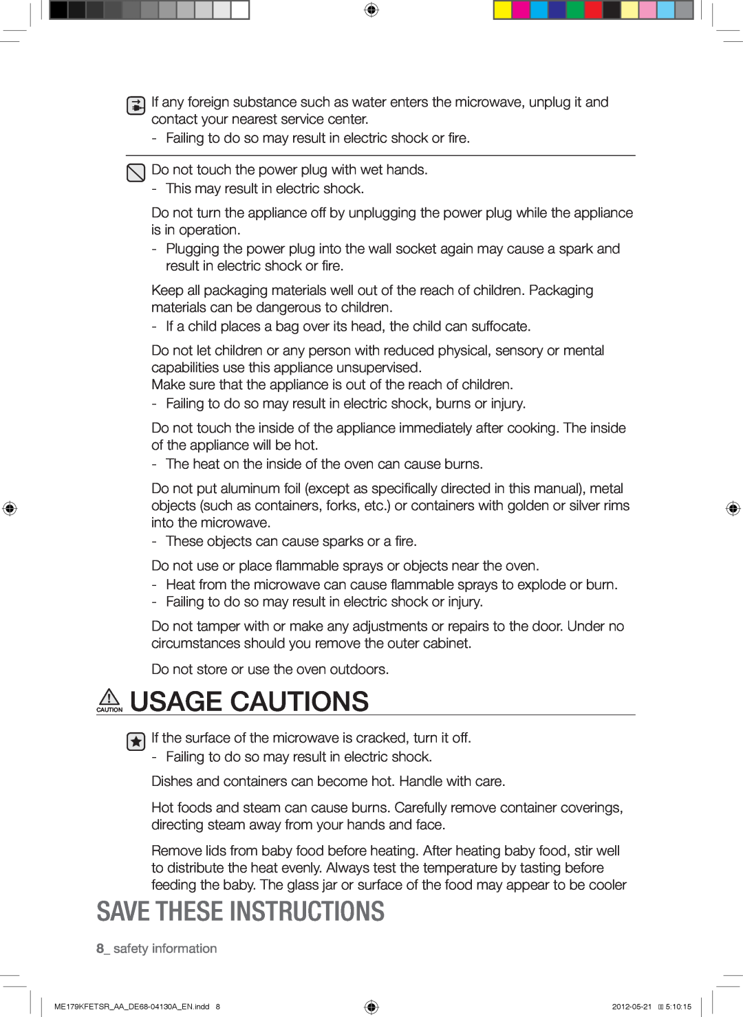 Samsung ME179KFETSR user manual Caution Usage Cautions, Save These Instructions, safety information 