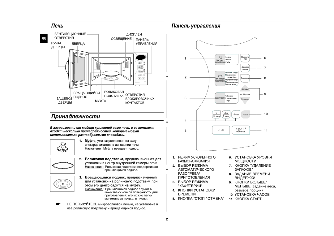 Samsung ME183GNR/SBW manual Принадлежности, Печь, Панель управления, Кнопки БОЛЬШЕ/ Меньше задание веса, размера порции 