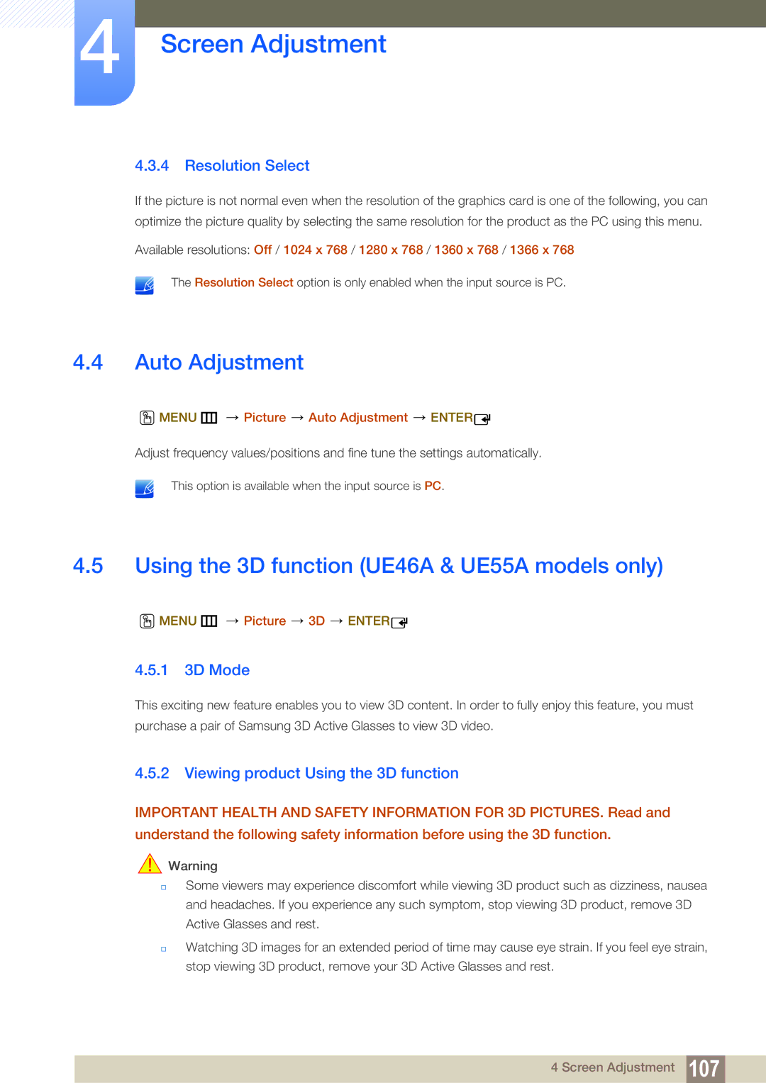 Samsung ME40B, ME32B Auto Adjustment, Using the 3D function UE46A & UE55A models only, Resolution Select, 1 3D Mode 