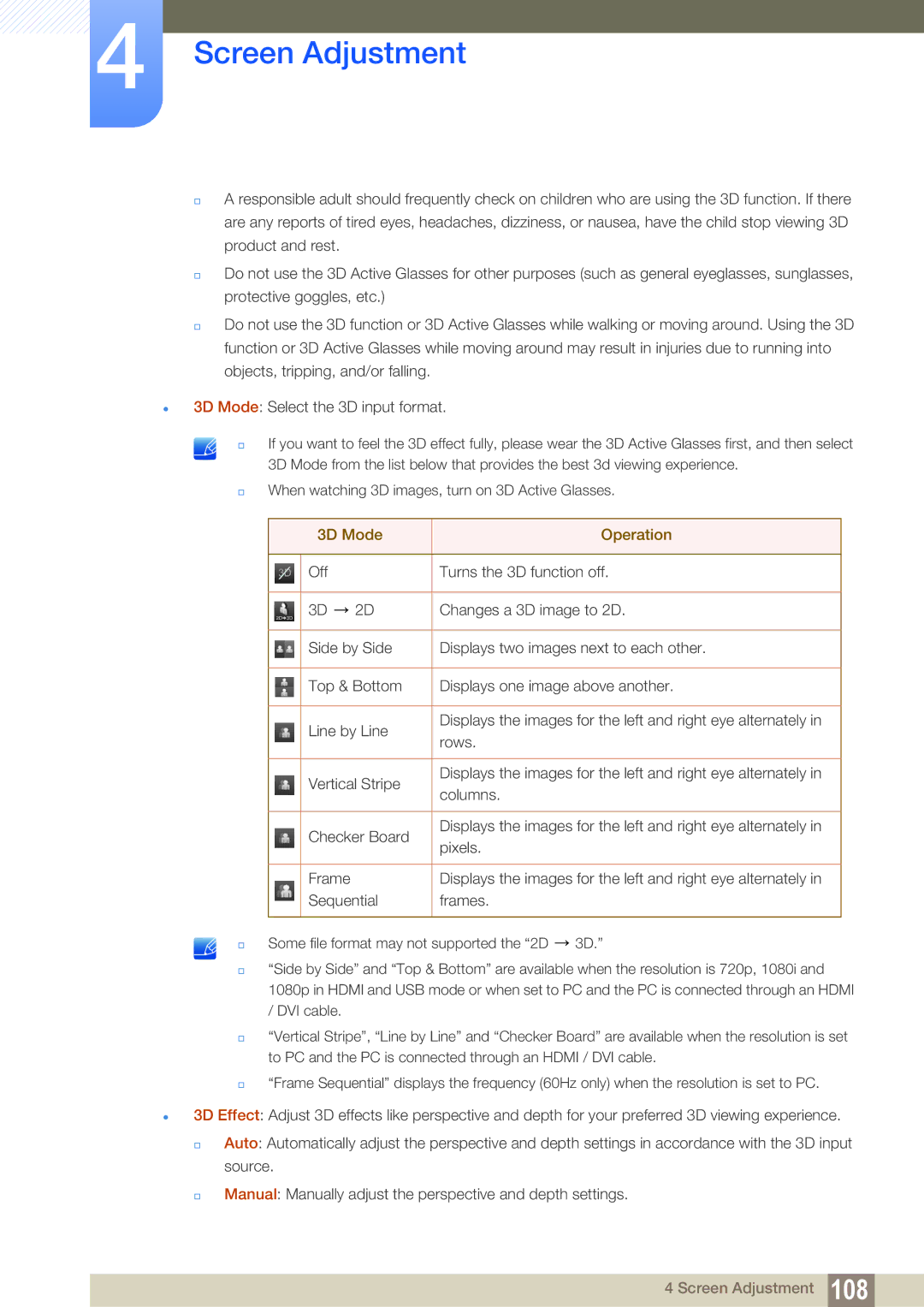 Samsung ME40B, ME32B, ME46B, ME55B, UE55A, UE46A user manual 3D Mode Operation 