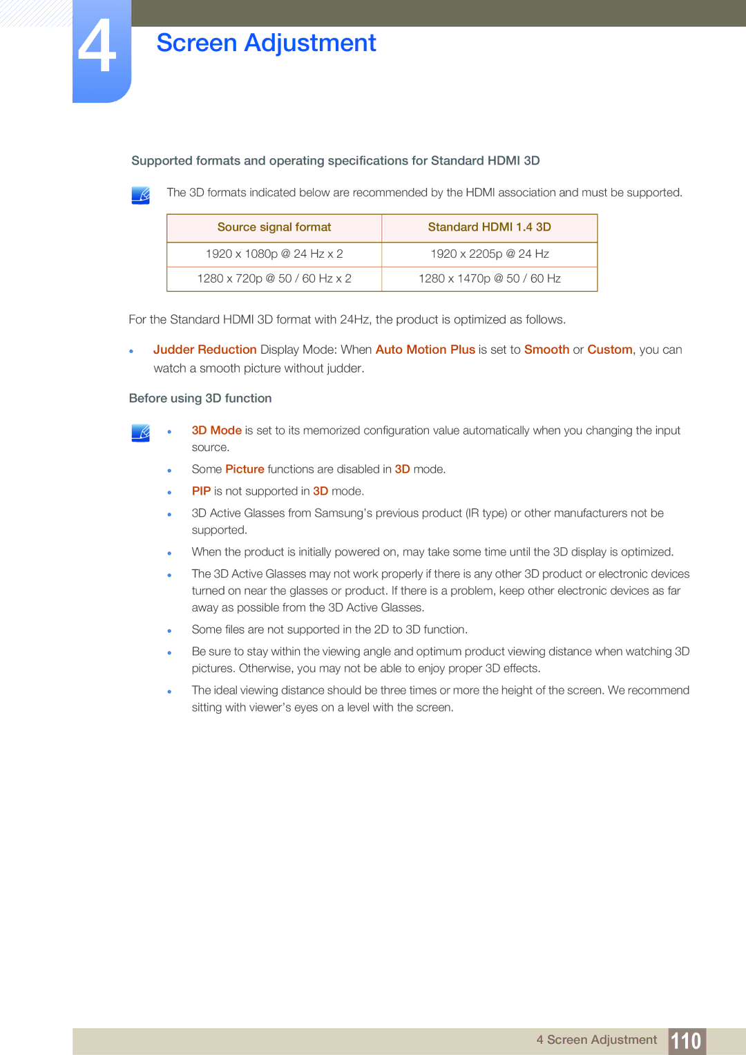 Samsung ME46B, ME40B, ME32B, ME55B, UE55A, UE46A user manual Source signal format Standard Hdmi 1.4 3D, Before using 3D function 