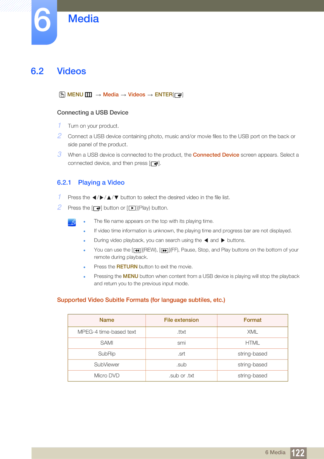 Samsung ME46B, ME40B, ME32B, ME55B, UE55A Videos, Playing a Video, Supported Video Subitle Formats for language subtiles, etc 