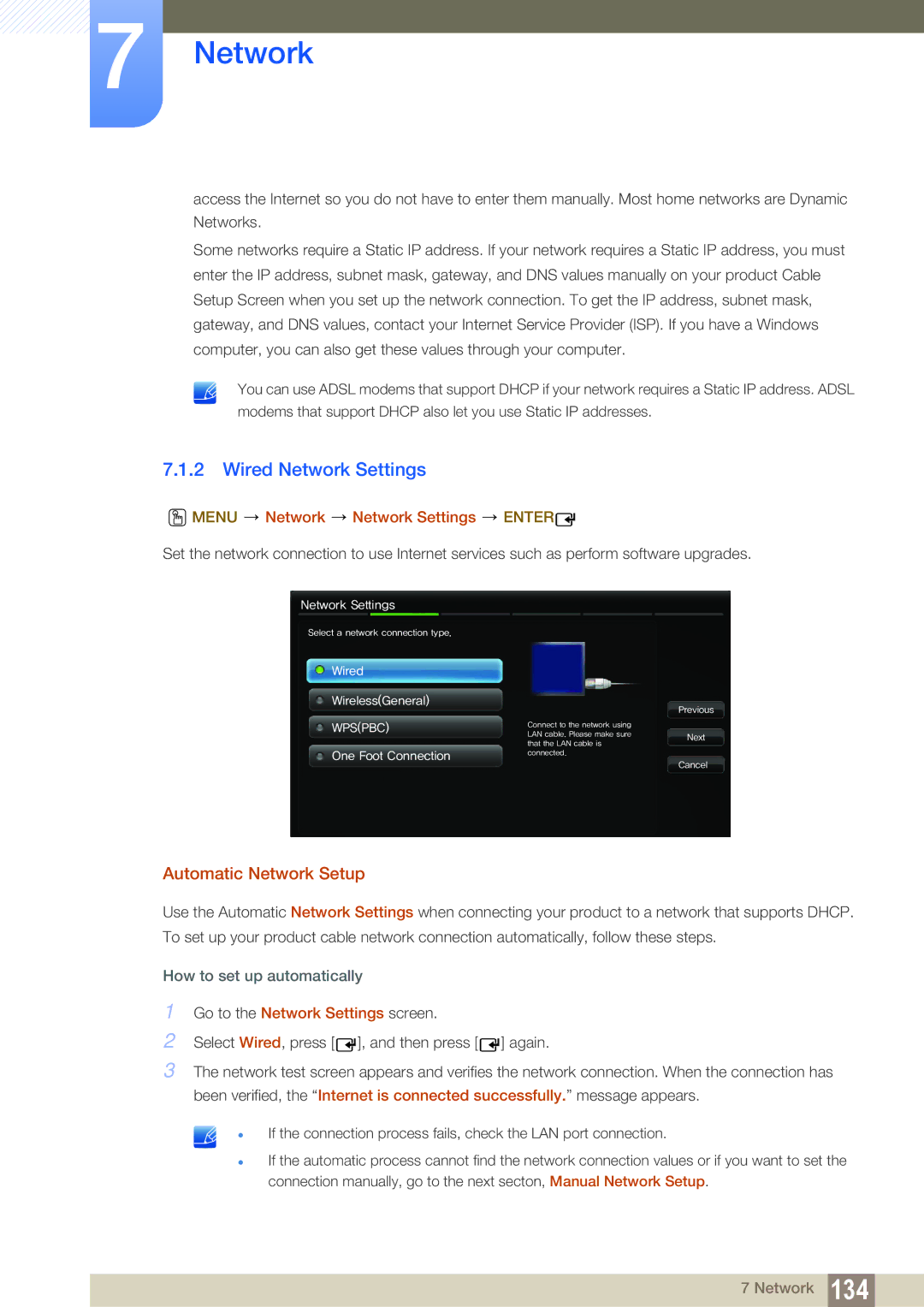 Samsung ME46B, ME40B, ME32B, ME55B Wired Network Settings, Automatic Network Setup, Menu Network Network Settings Enter 