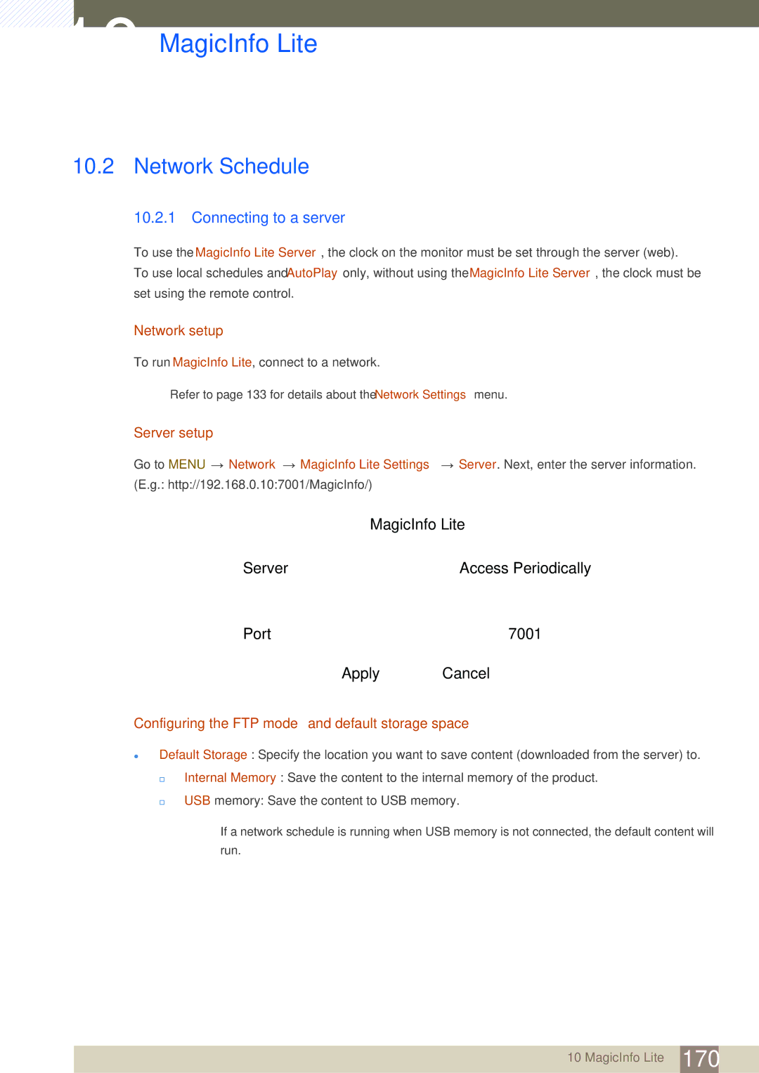 Samsung ME46B, ME40B, ME32B, ME55B, UE55A, UE46A Network Schedule, Connecting to a server, Network setup, Server setup 