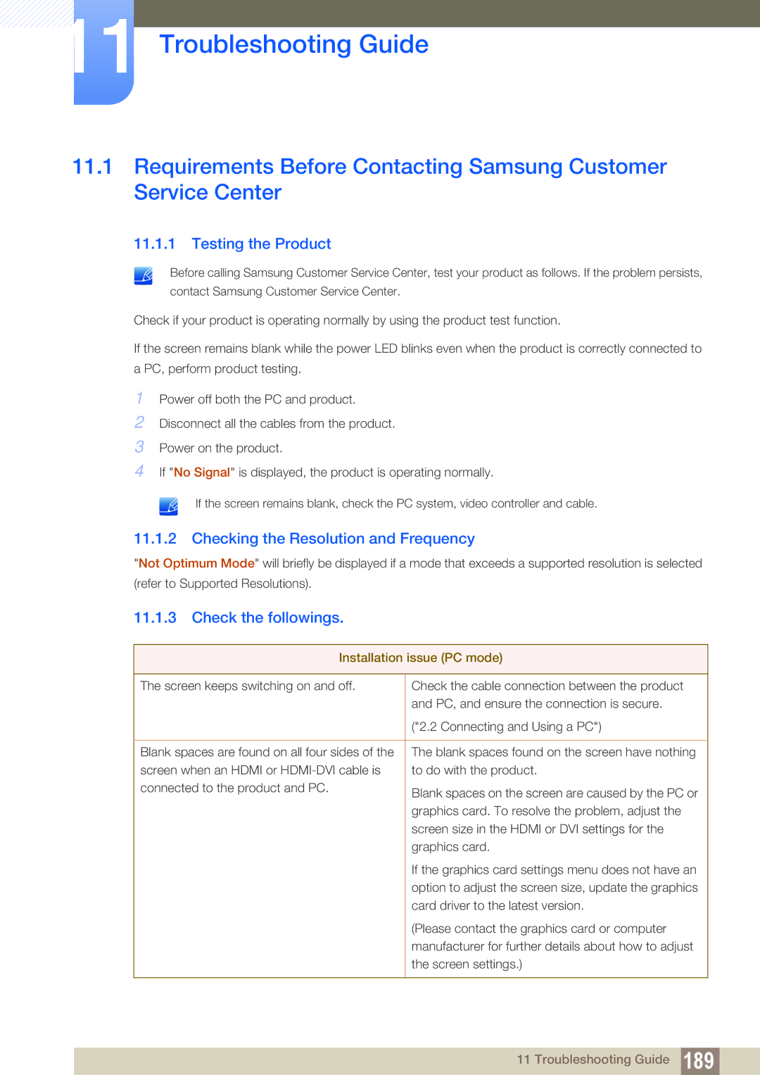 Samsung ME55B Troubleshooting Guide, Testing the Product, Checking the Resolution and Frequency, Check the followings 