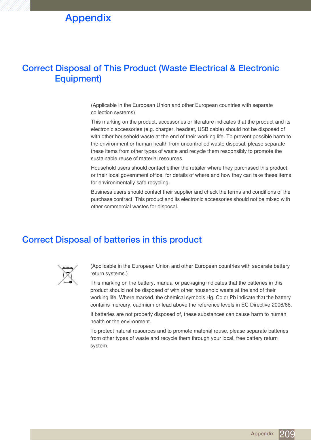 Samsung UE46A, ME40B, ME32B, ME46B, ME55B, UE55A user manual Correct Disposal of batteries in this product 