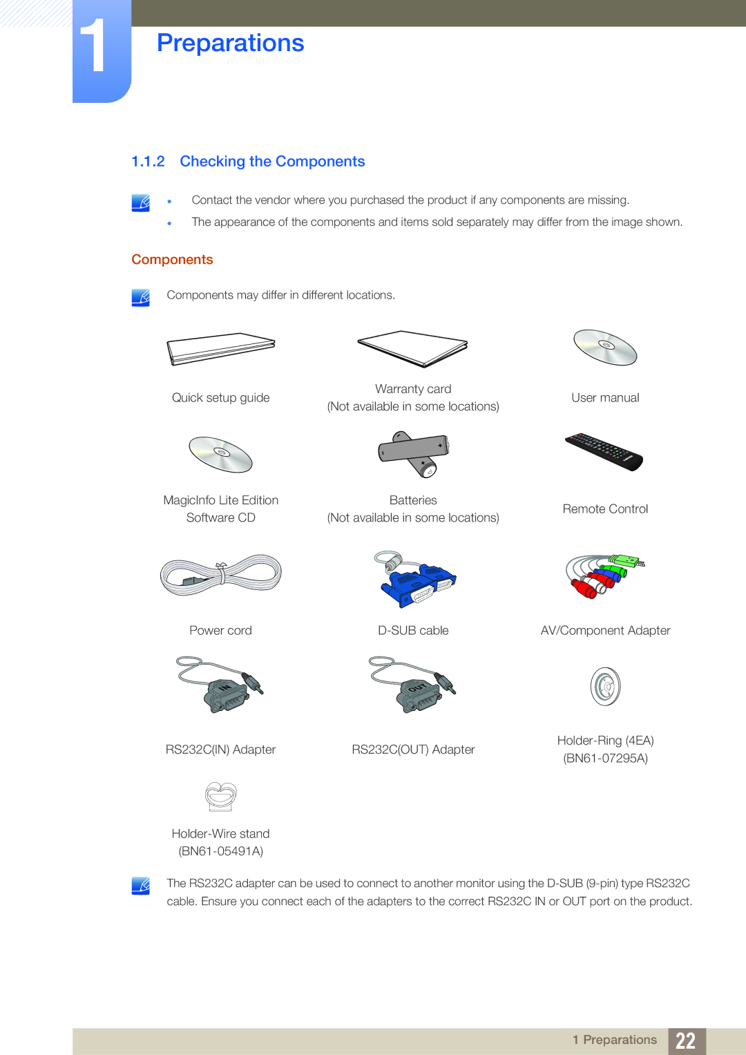 Samsung UE55A, ME40B, ME32B, ME46B, ME55B, UE46A user manual Checking the Components 