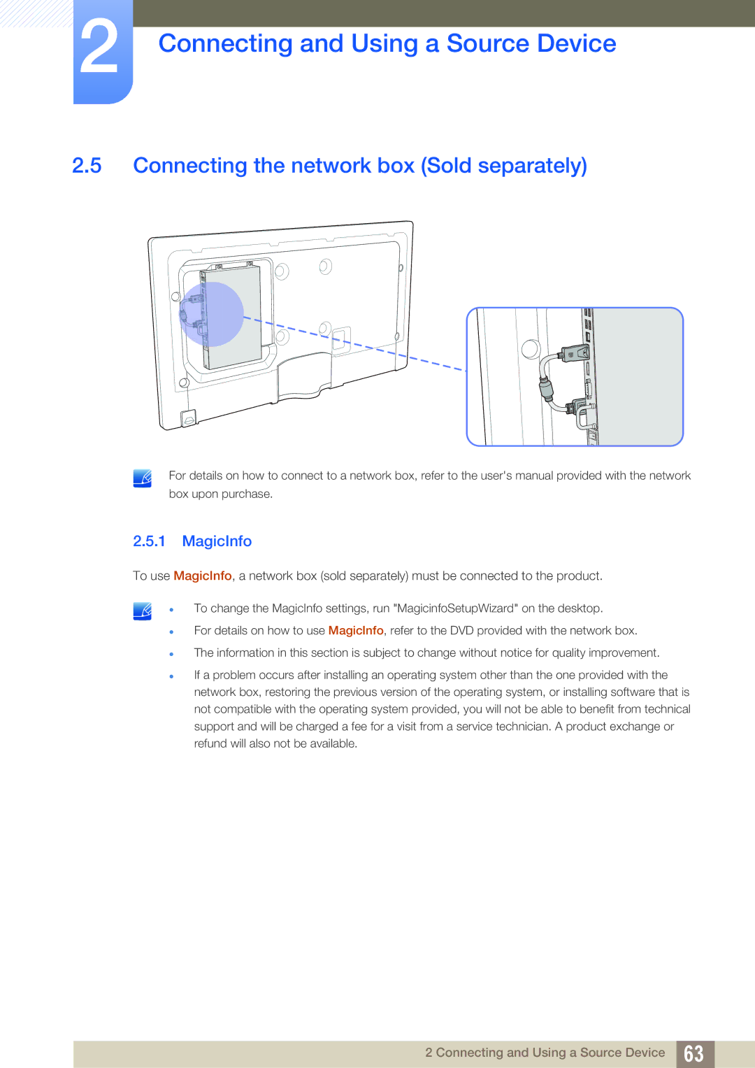 Samsung ME55B, ME40B, ME32B, ME46B, UE55A, UE46A user manual Connecting the network box Sold separately, MagicInfo 