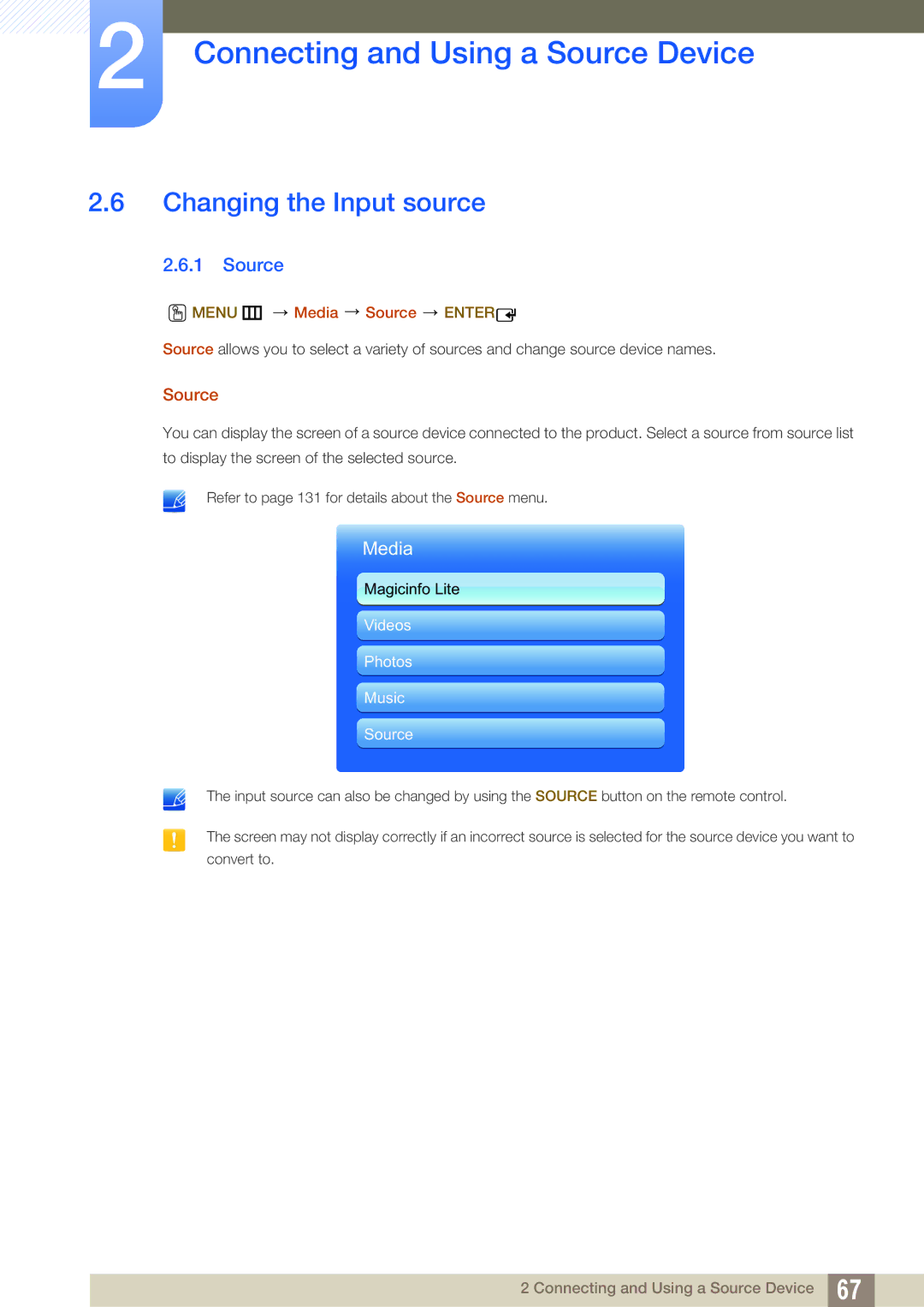 Samsung ME32B, ME40B, ME46B, ME55B, UE55A, UE46A user manual Changing the Input source, Menu m Media Source Enter 