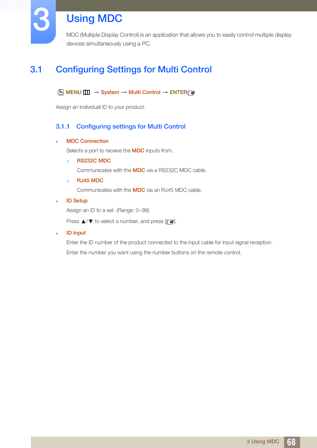 Samsung ME46B, ME40B, ME32B, ME55B Using MDC, Configuring Settings for Multi Control, Configuring settings for Multi Control 