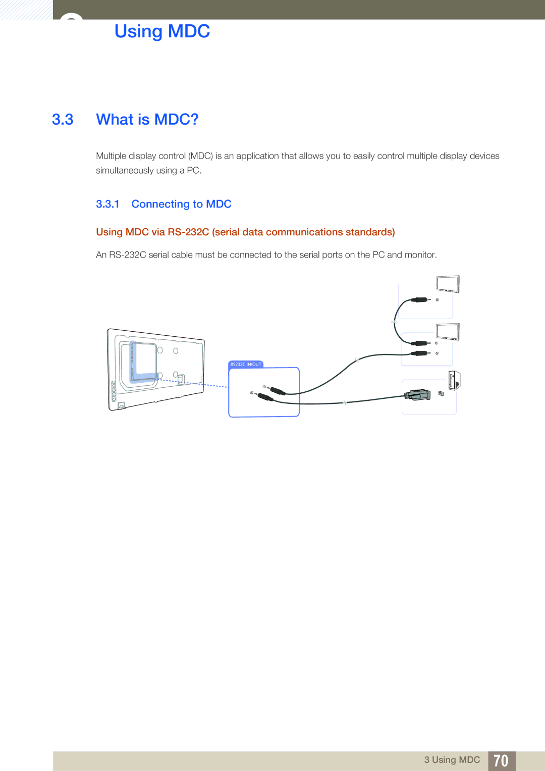 Samsung UE55A, ME40B, ME32B What is MDC?, Connecting to MDC, Using MDC via RS-232C serial data communications standards 