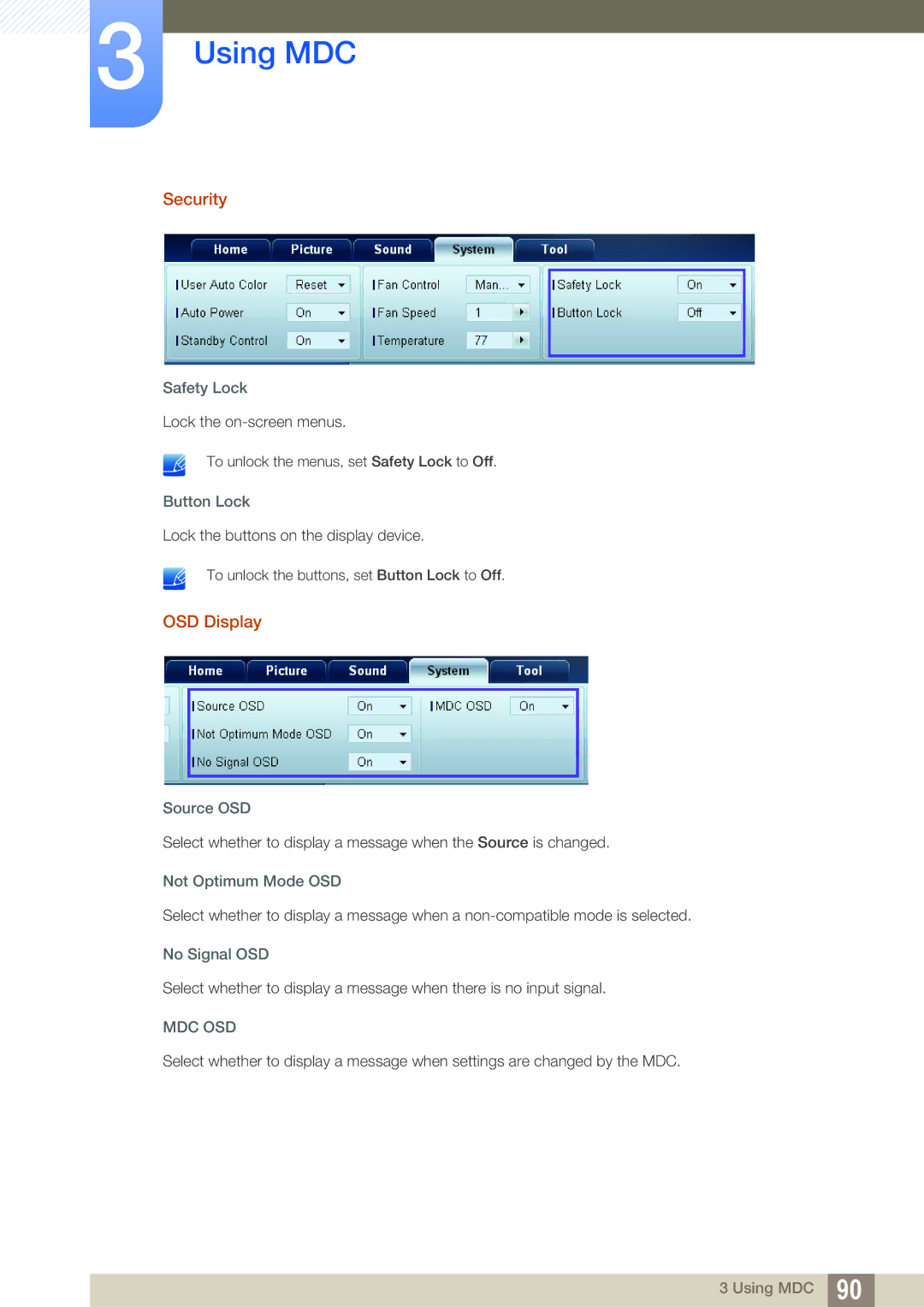 Samsung ME40B, ME32B, ME46B, ME55B, UE55A, UE46A user manual Security, OSD Display, Safety Lock, Button Lock, Source OSD 