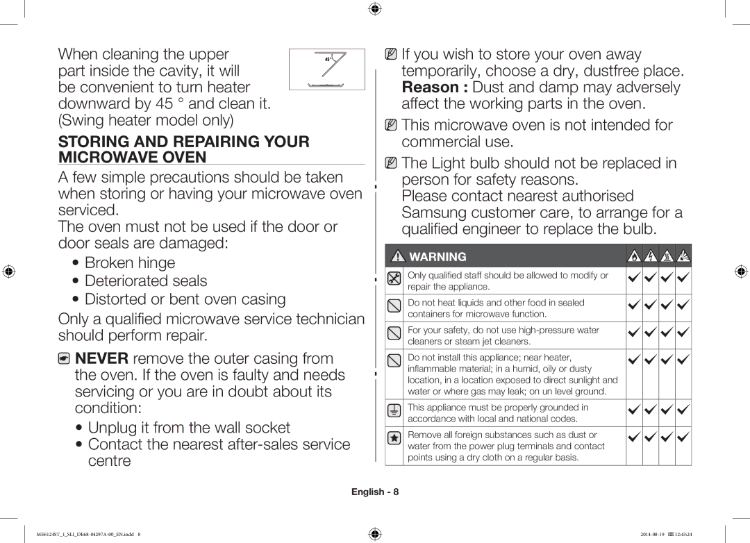 Samsung ME6124ST-1/SLI manual Storing and Repairing Your Microwave Oven 