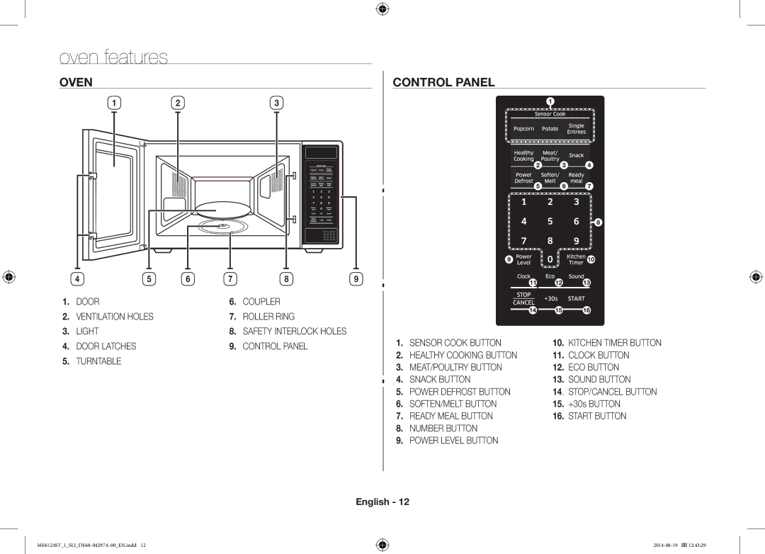 Samsung ME6124ST-1/SLI manual Oven features, Oven Control Panel, +30s Button 