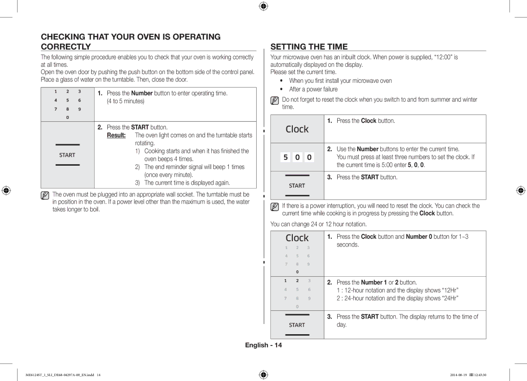 Samsung ME6124ST-1/SLI manual Checking That Your Oven is Operating Correctly, Setting the Time 