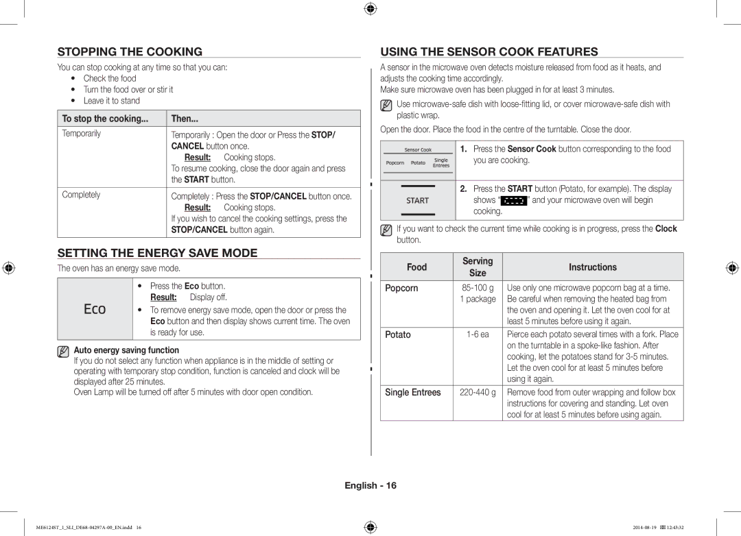 Samsung ME6124ST-1/SLI manual Stopping the Cooking, Setting the Energy Save Mode, Using the Sensor Cook Features 