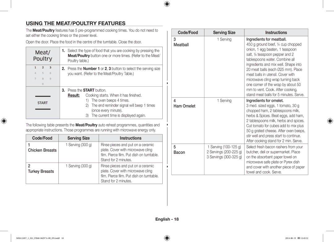 Samsung ME6124ST-1/SLI manual Using the MEAT/POULTRY Features, Code/Food Serving Size Instructions 