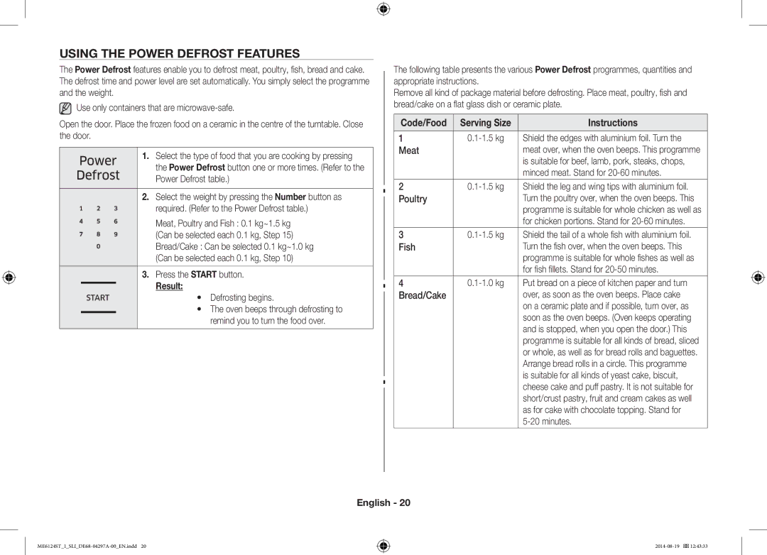 Samsung ME6124ST-1/SLI manual Using the Power Defrost Features 