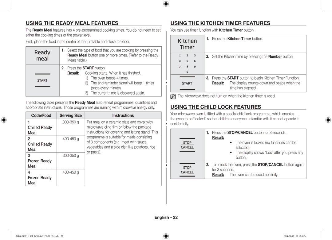 Samsung ME6124ST-1/SLI Using the Ready Meal Features, Using the Kitchen Timer Features, Using the Child Lock Features 