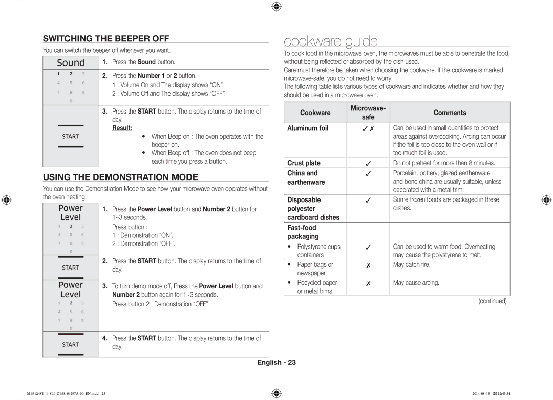 Samsung ME6124ST-1/SLI manual Cookware guide, Switching the Beeper OFF, Using the Demonstration Mode 