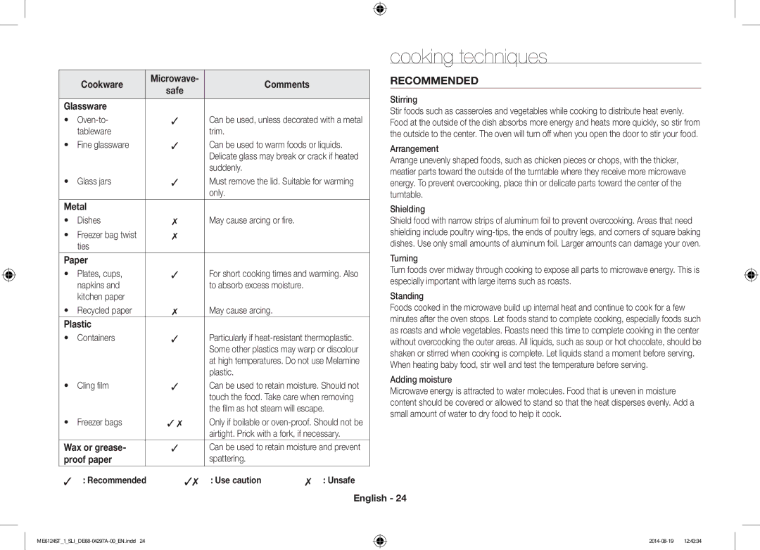 Samsung ME6124ST-1/SLI manual Cooking techniques 