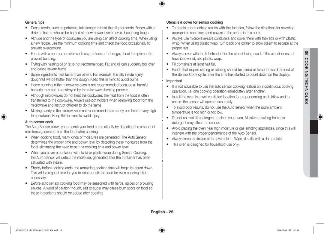 Samsung ME6124ST-1/SLI General tips, Utensils & cover for sensor cooking, This oven is designed for household use only 