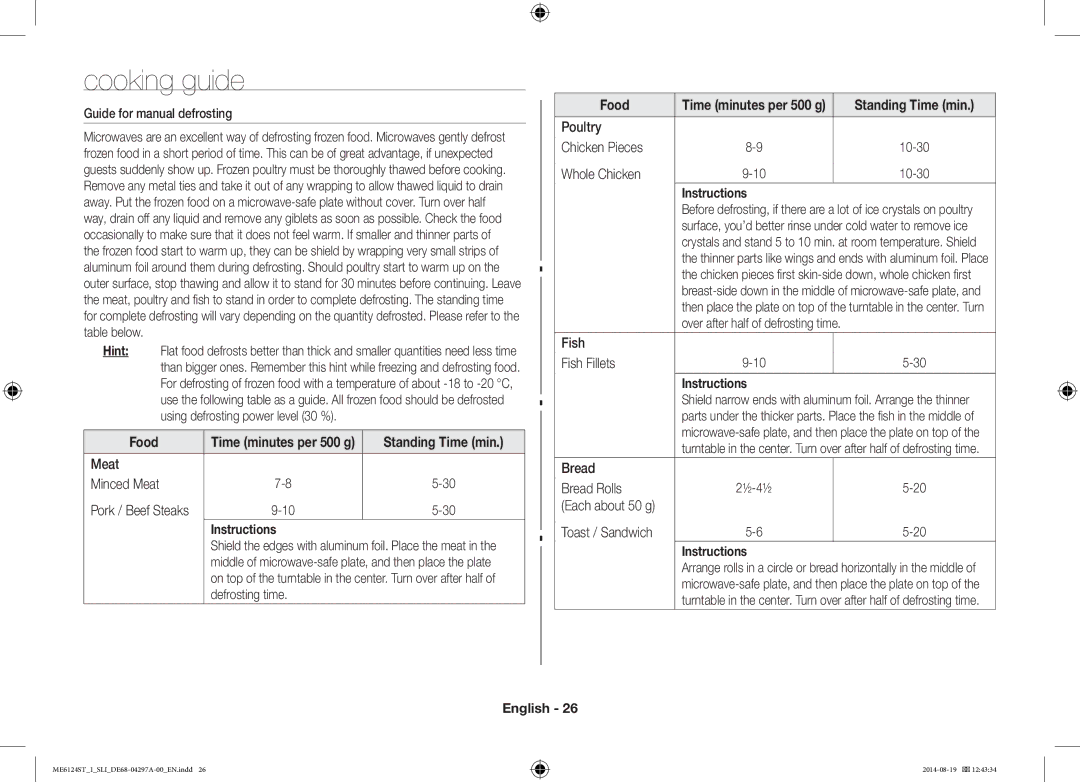 Samsung ME6124ST-1/SLI manual Cooking guide, Food 