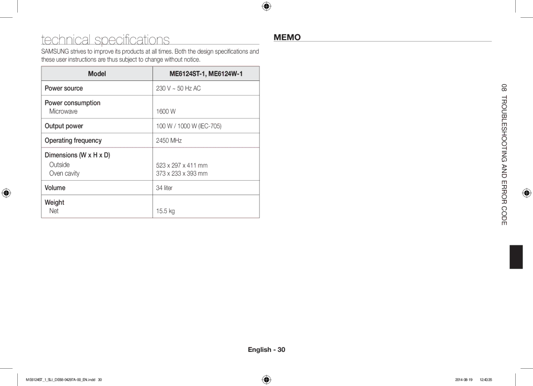 Samsung ME6124ST-1/SLI manual Technical specifications, Memo, Model ME6124ST-1, ME6124W-1 