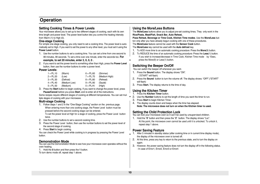 Samsung ME6124ST owner manual Setting Cooking Times & Power Levels, Demonstration Mode, Using the More/Less Buttons 