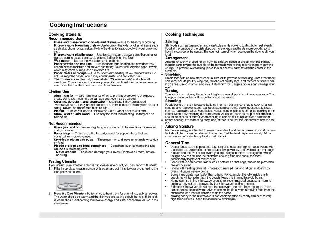 Samsung ME6124ST owner manual Cooking Instructions, Cooking Utensils, Cooking Techniques, General Tips 