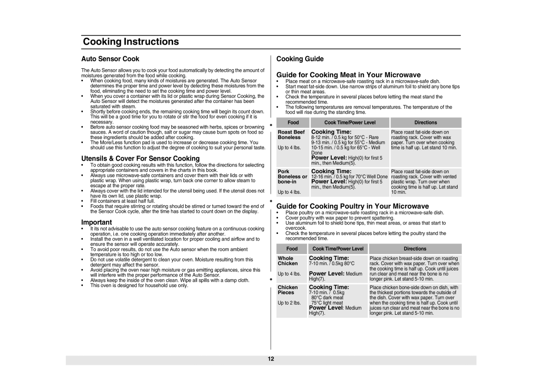 Samsung ME6124ST Guide for Cooking Meat in Your Microwave, Guide for Cooking Poultry in Your Microwave, Auto Sensor Cook 