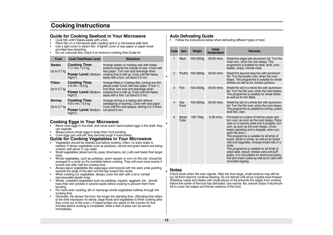 Samsung ME6124ST Guide for Cooking Seafood in Your Microwave, Cooking Eggs in Your Microwave, Auto Defrosting Guide 